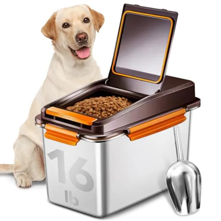 Contenitore per Cibo per Cani in Acciaio Inox con Paletta, 16-lb/11-lb, Contenitore Ermetico in Metallo per Alimenti per Animali Domestici, Contenitore per Cibo per Gatti