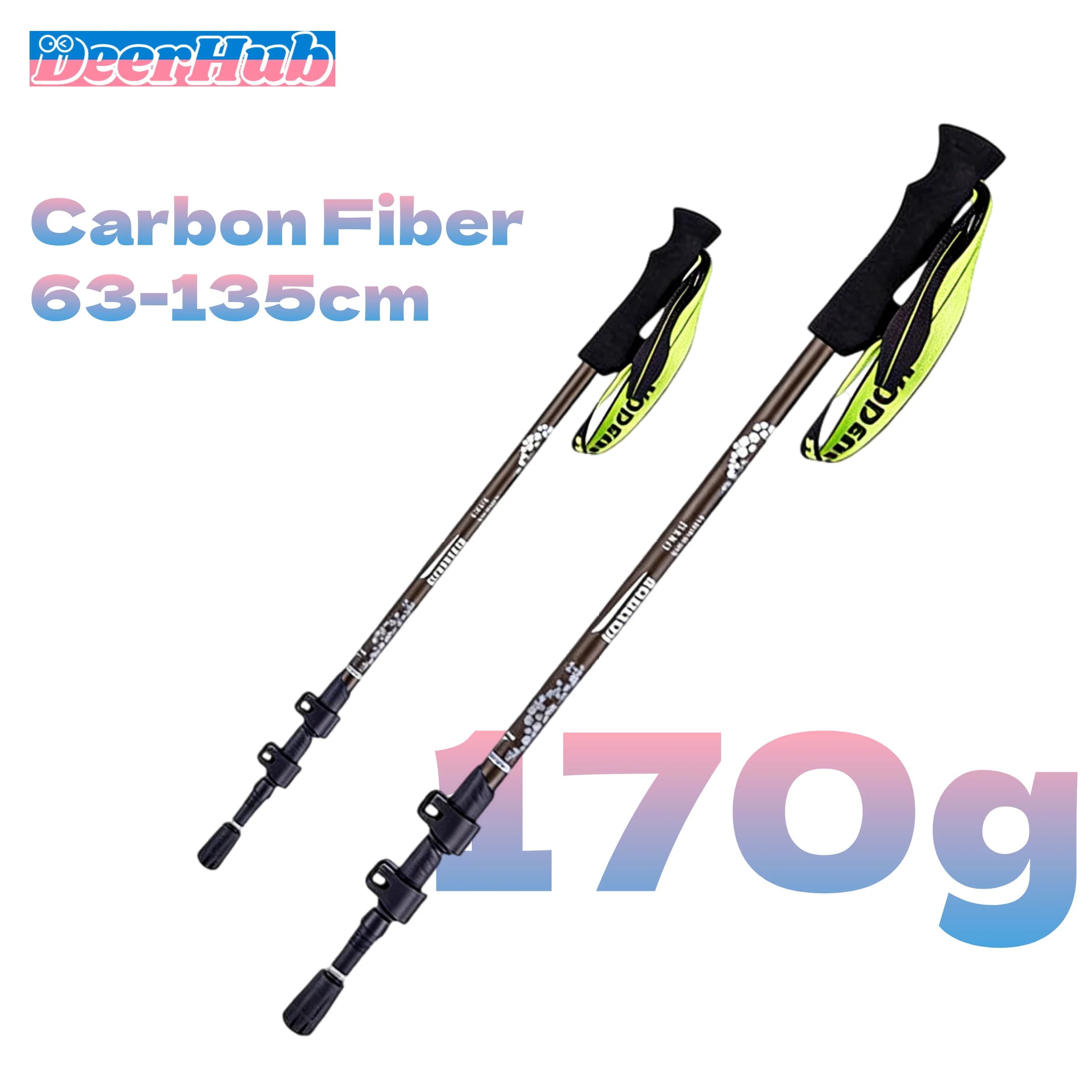 Bastoncini da Trekking DeerHub in Fibra di Carbonio: Ultra-Leggeri 170g, Regolabili 63-135cm con Blocco Esterno e Punta in Tungsteno, Pieghevoli in 3 Sezioni