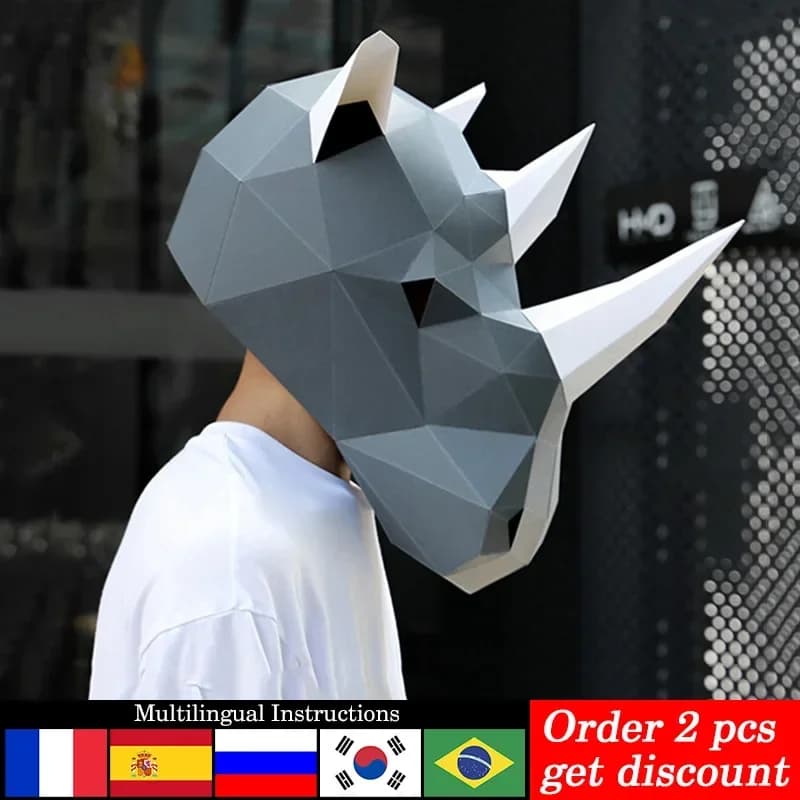 Rhinoceros Adult Head Mask Paper Model,3D Papercraft Art Costume Party Cosplay,Handmade DIY Origami Craft RTY100