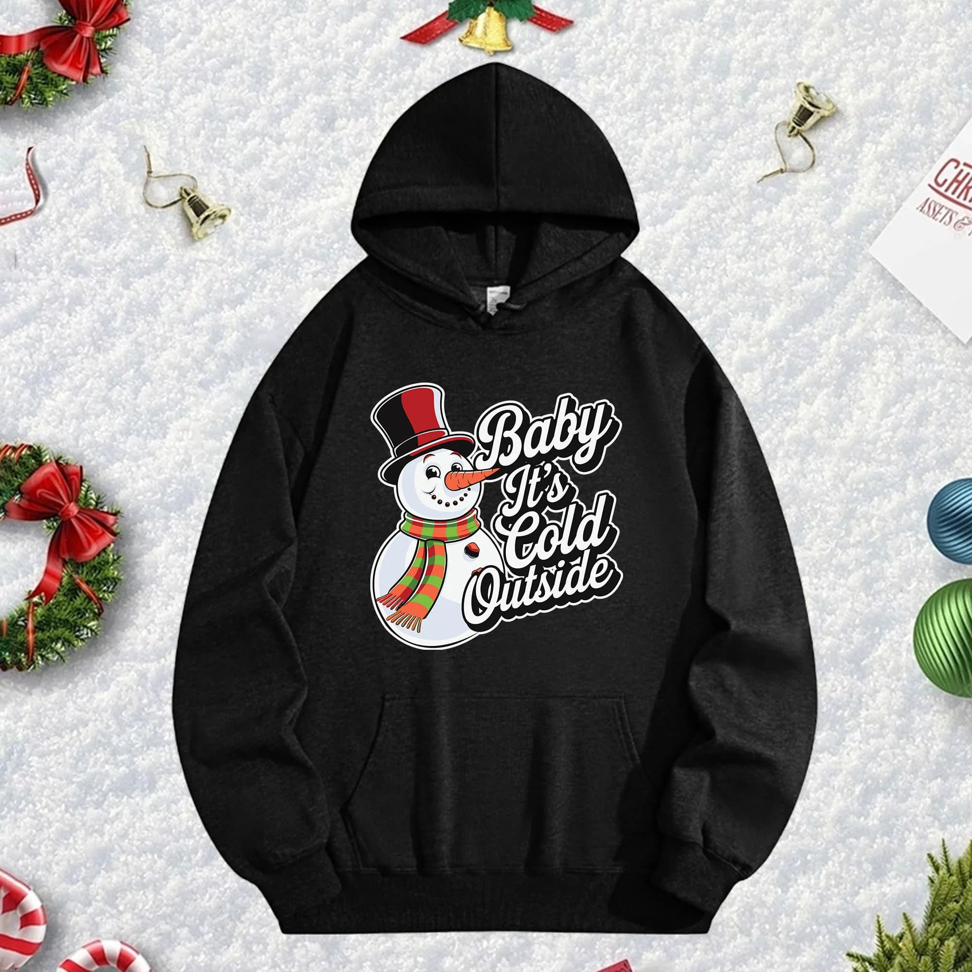 Nice snowman 270G black hoodie for men and women, comfortable oversize fleece pullover for Christmas fall/winter New Year