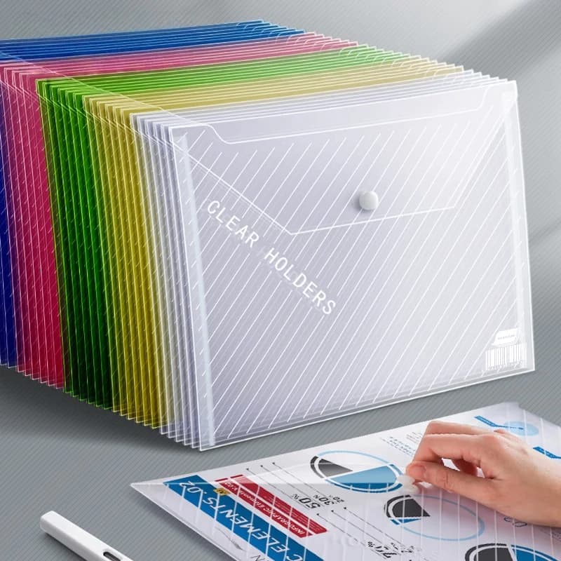 Cartella in plastica trasparente A4 con chiusura a scatto, adatta per borse portadocumenti impermeabili per forniture per ufficio e scuola