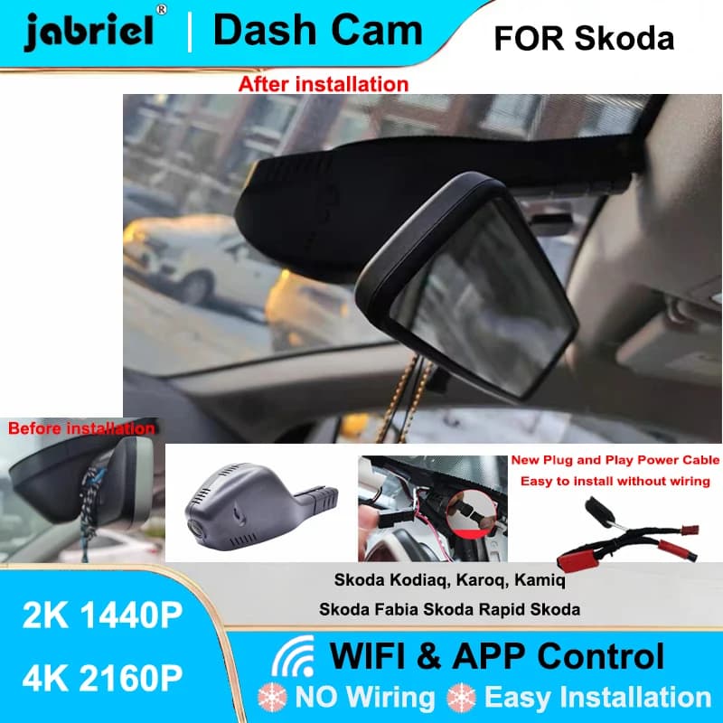 Dash Cam 4K Wifi for Auto Jabriel for Skoda Kodiaq Rapid Octavia A7 A5 Fabia Yeti Superb Karoq, VW T-Cross Tiguan Atlas Seat