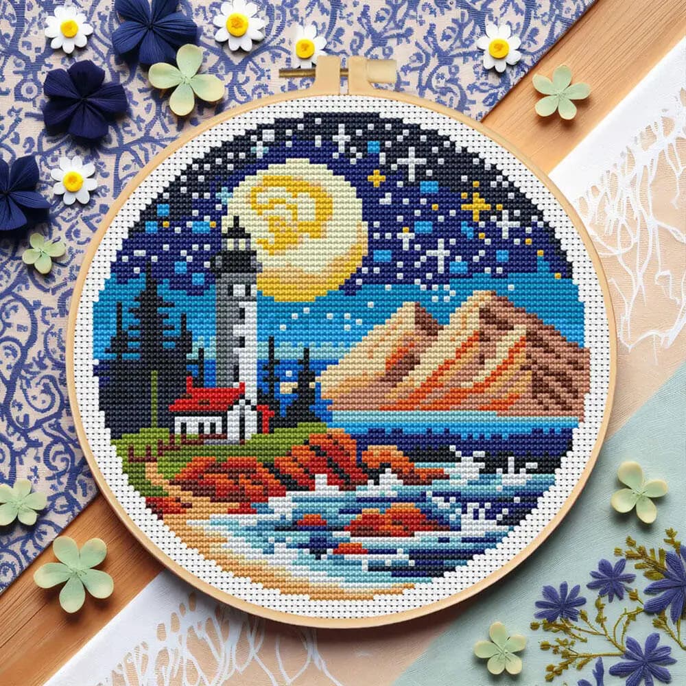Punto croce Faro Mare Luna Ricamo fai da te Paesaggio Paesaggio Montagna Materiale Pacchetto Kit cerchio Regalo fatto a mano