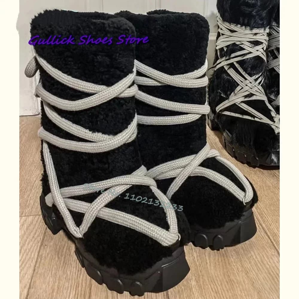 Stivali da neve da donna con suola spessa in peluche nero con cinturino incrociato in pelliccia uomo moda invernale abito caldo quotidiano nero nuove scarpe da donna capispalla