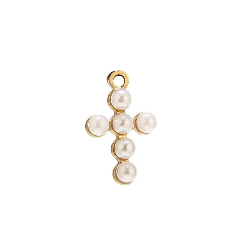5pcs Stainless Steel Gold Tiny Cross Charms Fake Pearl Small Crucifix Pendants for Dangle Earring Necklace Bracelet Making