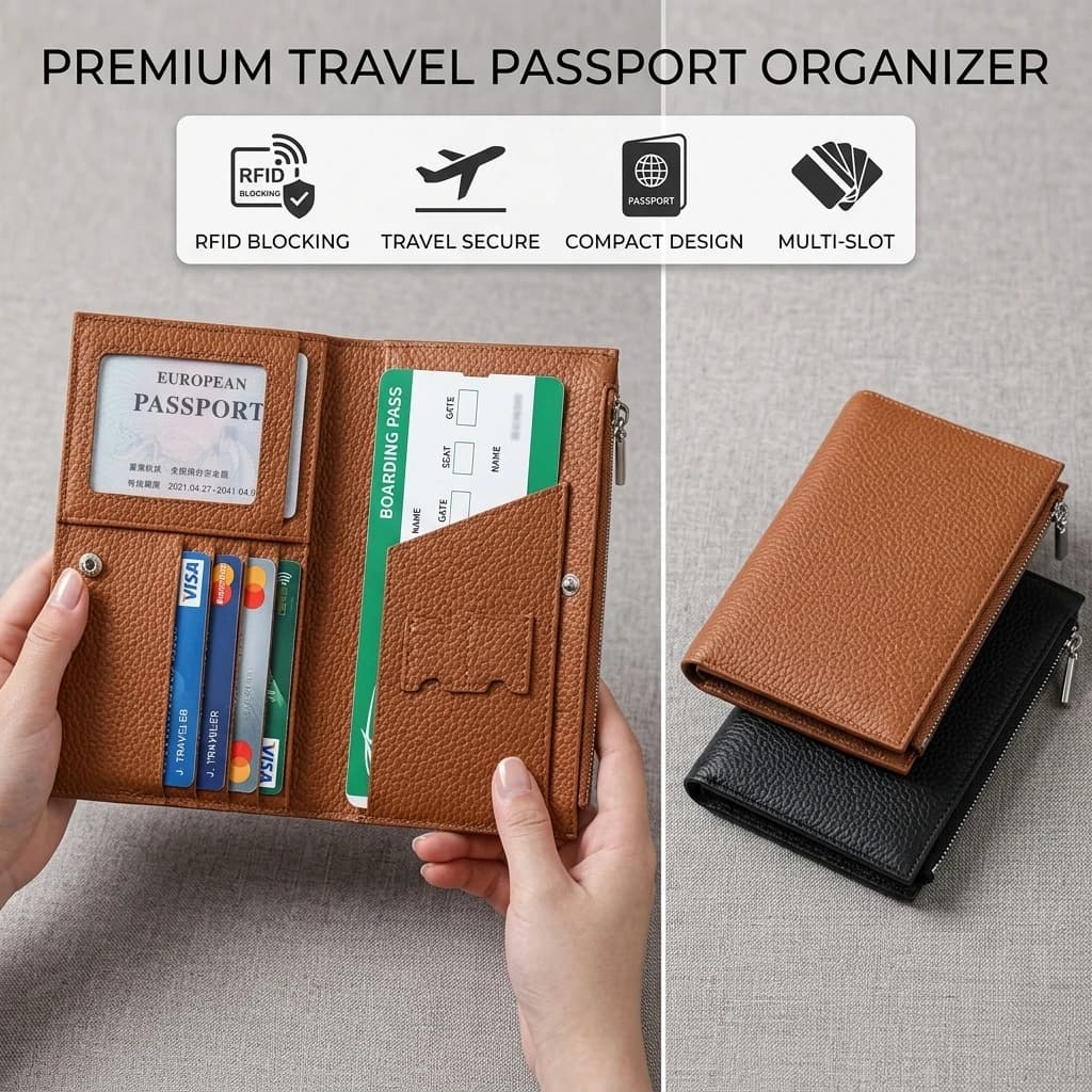 Porta Passaporto con Protezione RFID in Pelle PU, Portafoglio da Viaggio per Uomo e Donna, Organizzatore Documenti con Slot per Schede SIM e Carte di Credito