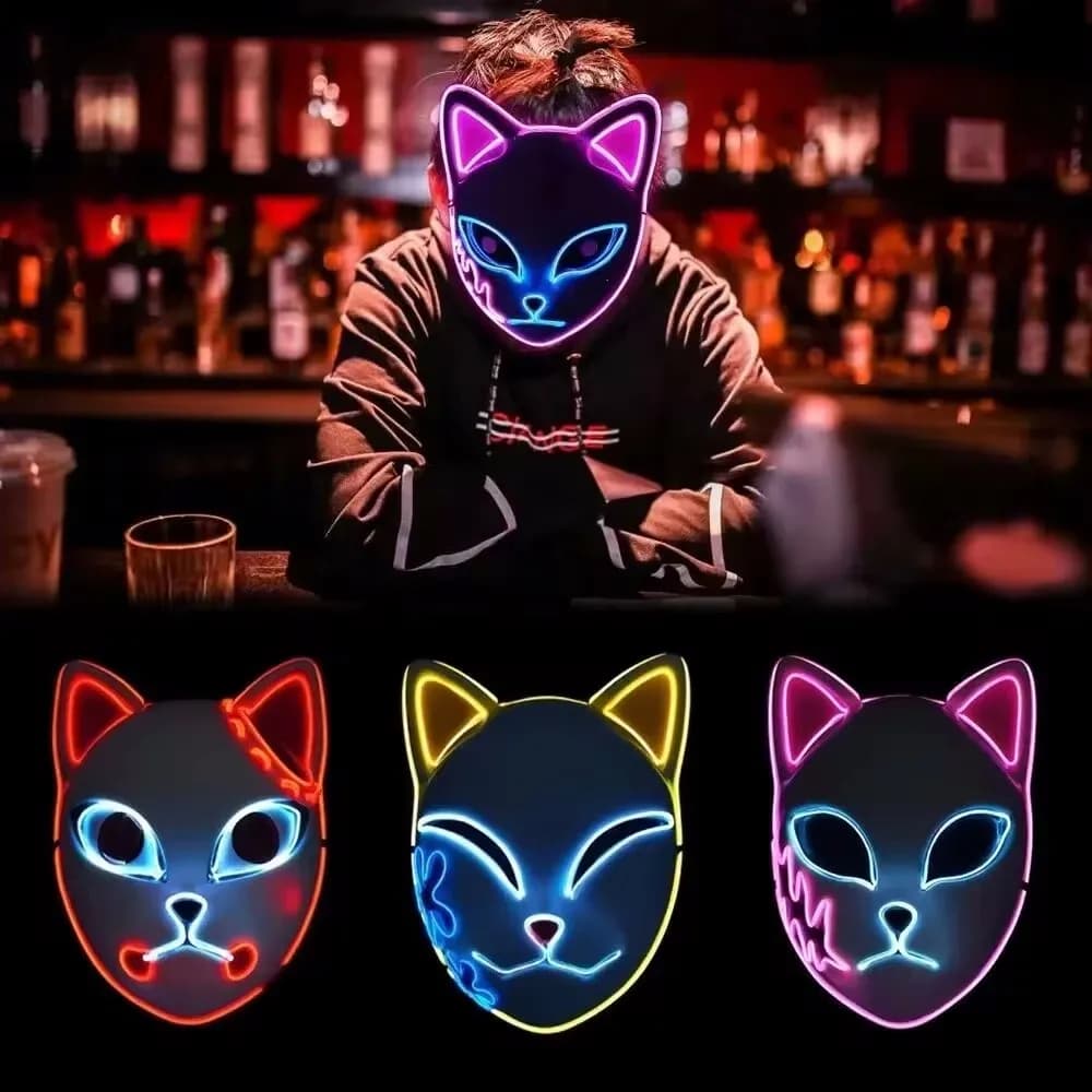 1PC incandescente Demon Slayer Led Face Mask Anime Cosplay Prop Cat Face Fox Halloween Cold Light lampeggiante Mask Party Costume