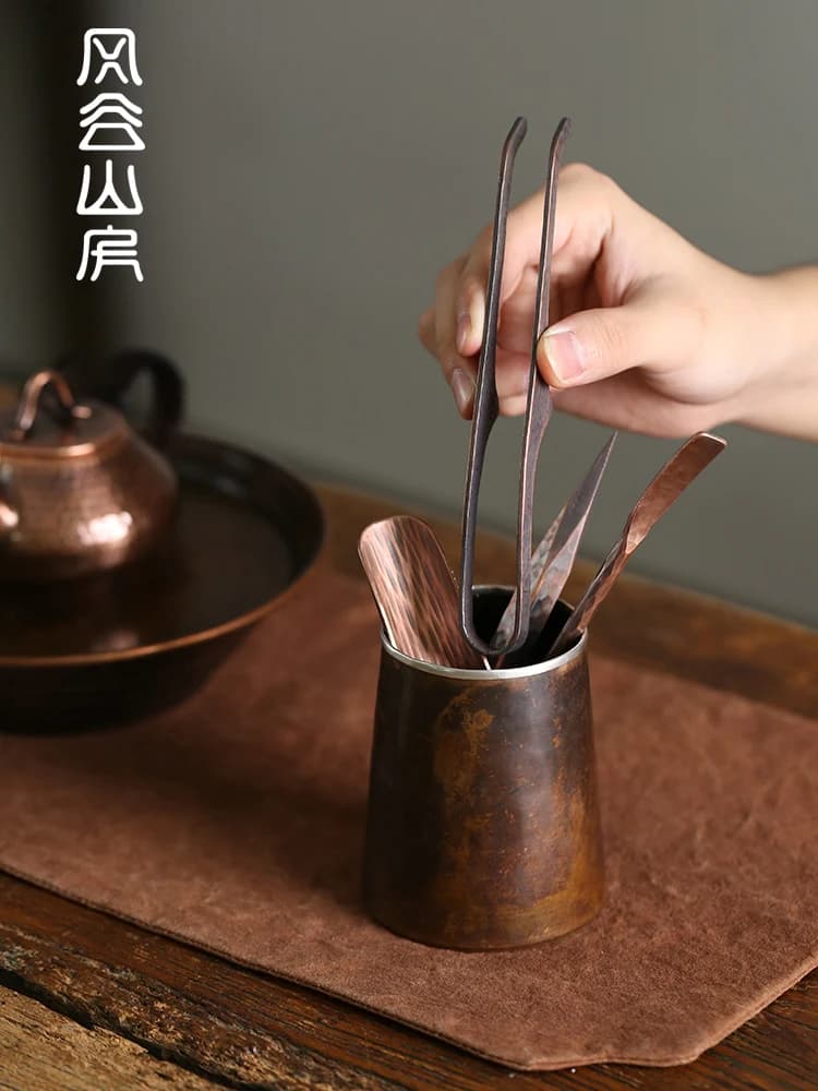 Handmade Vintage Copper Tea Set Six Gentlemen Tea Clipper Tea Needle Storage Tube Cultural Relics Calligraphy Accessories Tool