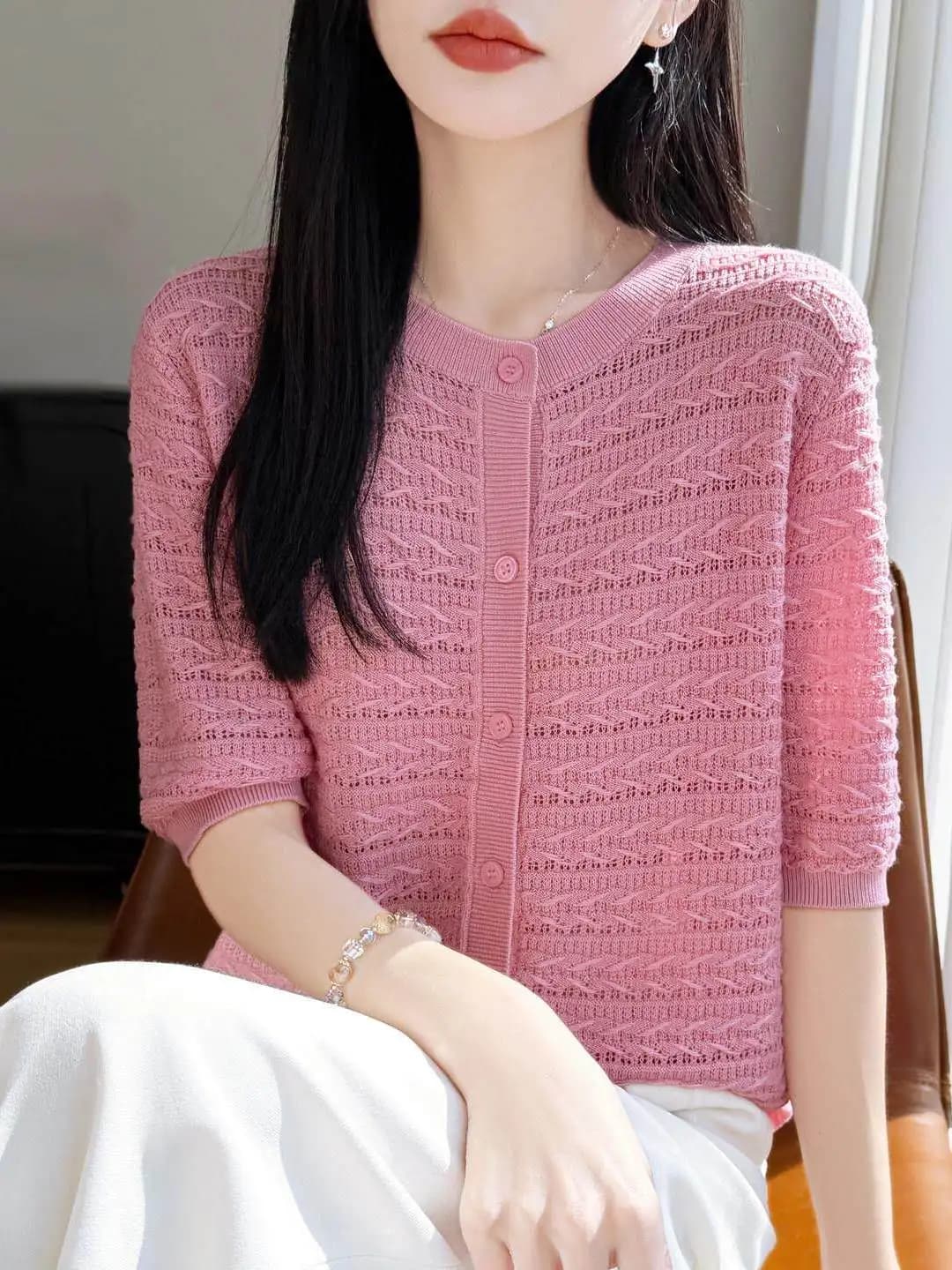 round Neck Lace Hollow out Knitted Short Sleeve Women's Top Summer New Style Lazy Slimming Wheat Ear Shirt