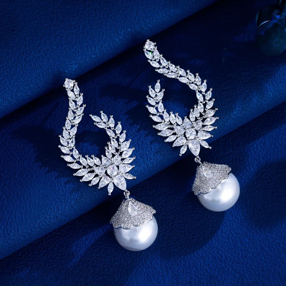ThreeGraces elegante lucido Cubic Zirconia grande perla simulata orecchini da sposa lunghi da donna gioielli per feste di matrimonio E1936