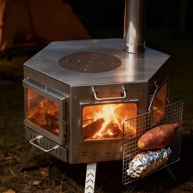 Stufa a legna esagonale in acciaio inossidabile per tenda da campeggio a piramide, portatile, per picnic all'aperto, barbecue, riscaldamento, viaggi in camper, 2026