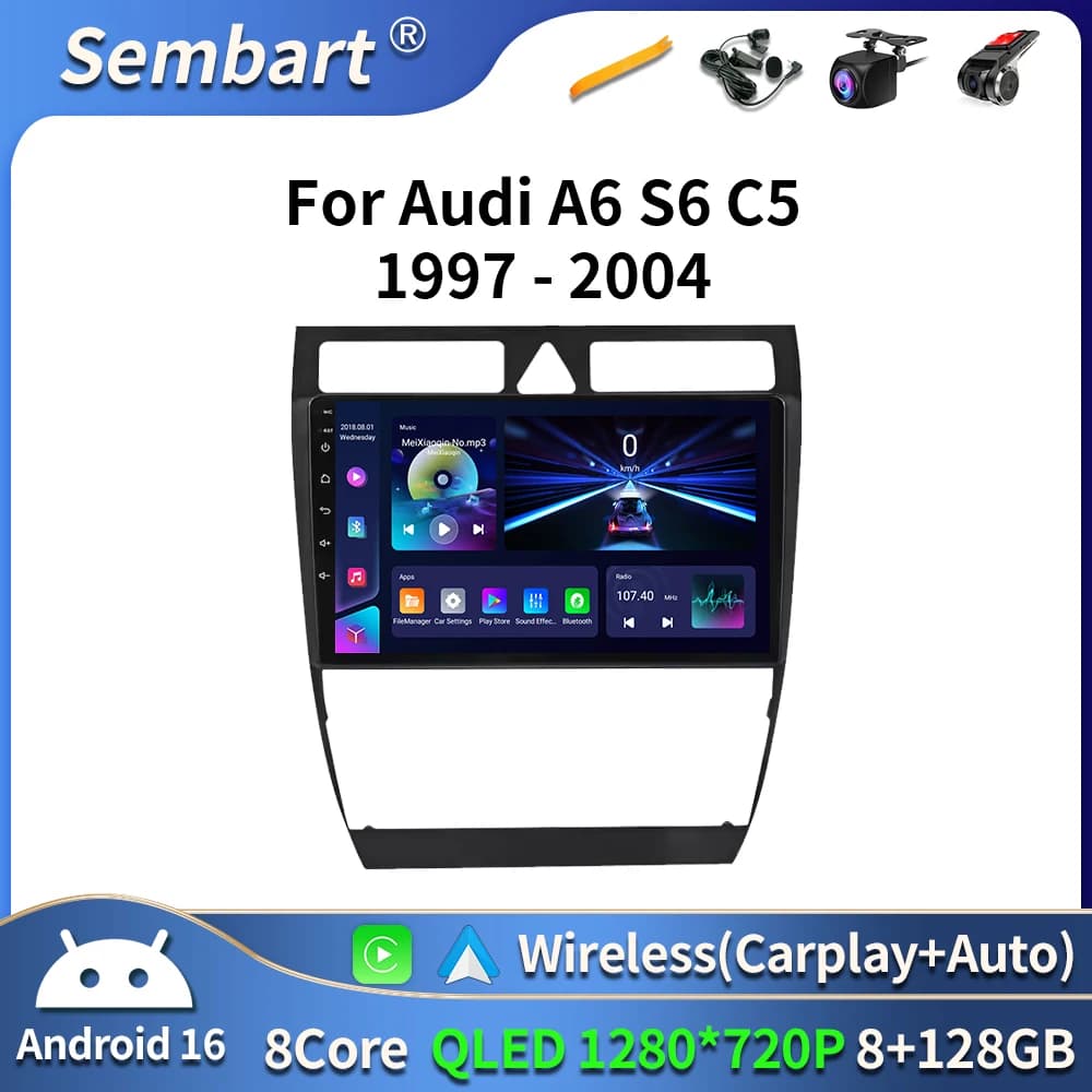 Android 16 For Audi A6 C5 S6 RS6 1997-2004 Car Radio 2 Din Multimedia WIFI Carplay QLED Headunit Audio Stereo Auto DVD