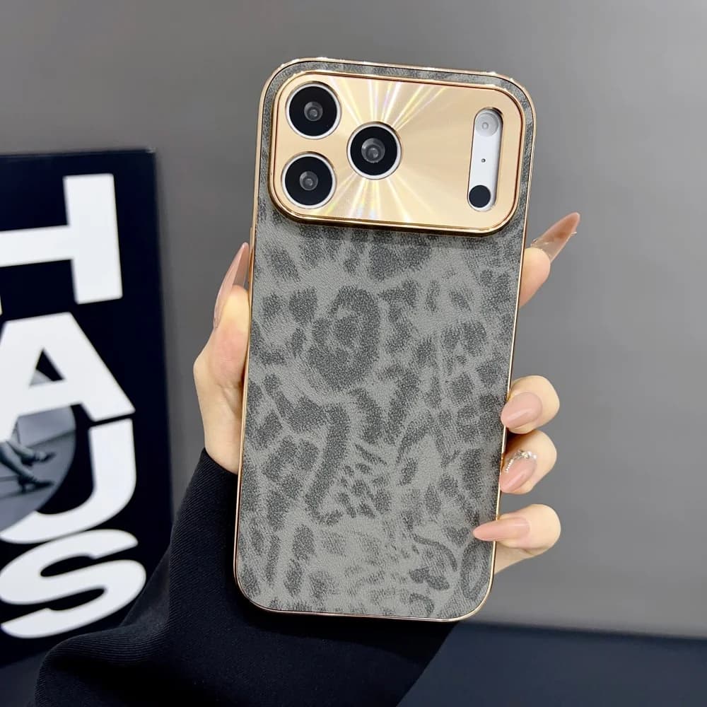 Custodia per telefono di lusso in PU satinato con stampa leopardata per iPhone 17 Air 16 15 14 Plus 13 12 11 Pro Max, antiurto, con placcatura e protezione completa del telaio