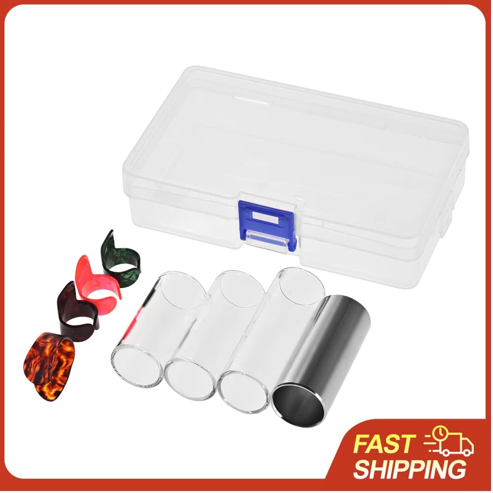 Set di slide per chitarra include 3 slide in vetro (5,1 cm/6 cm/7 cm) + 1 slide in acciaio inossidabile (6 cm) + 4 plettri in celluloide per pollice e dita