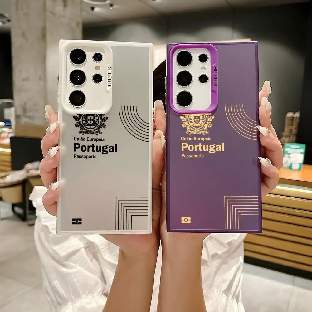 Cover per Telefono con Design del Passaporto Portoghese, Custodia Opaca Laser per Samsung S25 S24 S23 S22 S21 Ultra Plus, Antiurto e Resistente