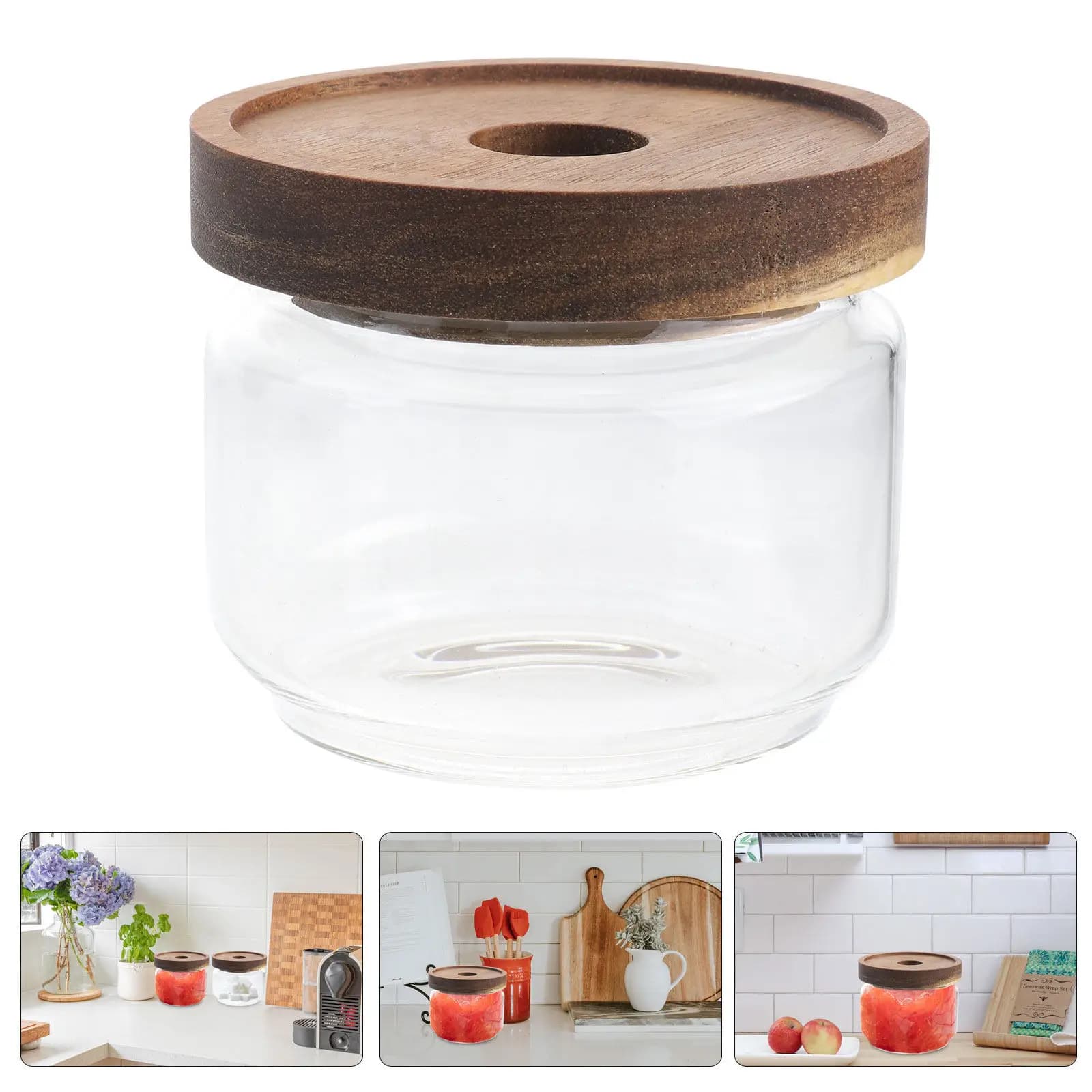 350Ml Clear Heat-Resistant Glass Tea Storage Tank Wooden Lid Sealed Jar for Food Grains Coffee Spices Kitchen Container