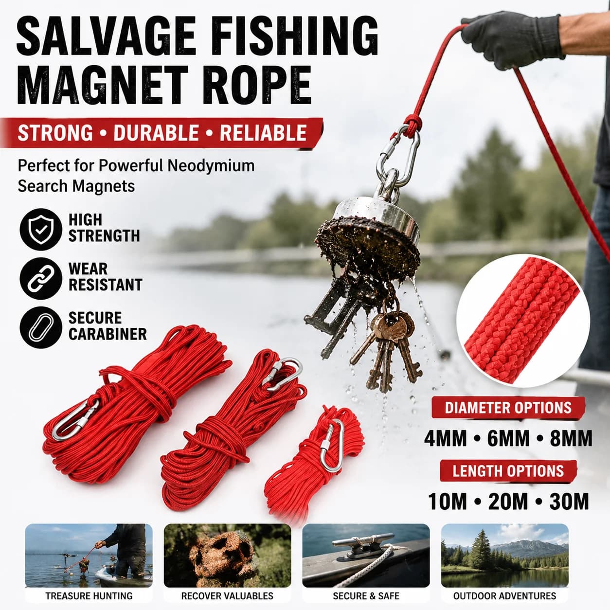Magnet Fishing Rope with Carabiner Heavy Duty Rope for Neodymium Search Magnet Salvage Treasure Hunting 4/6/8mm 10/20/30M