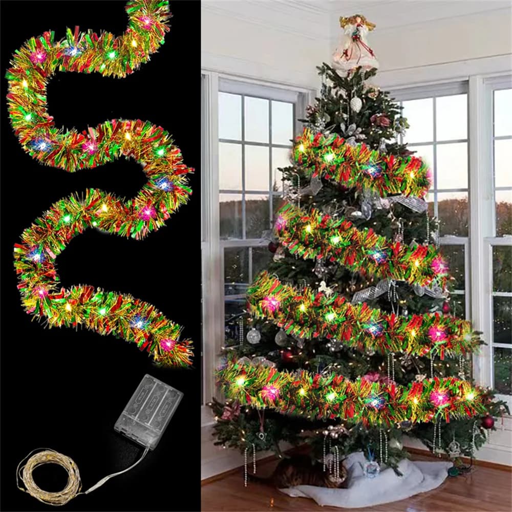 1pc Christmas Tinsel Garland Metallic Shiny Garland with LED Lights Christmas Tree Garland Thick Hanging Suitable for Home Decor