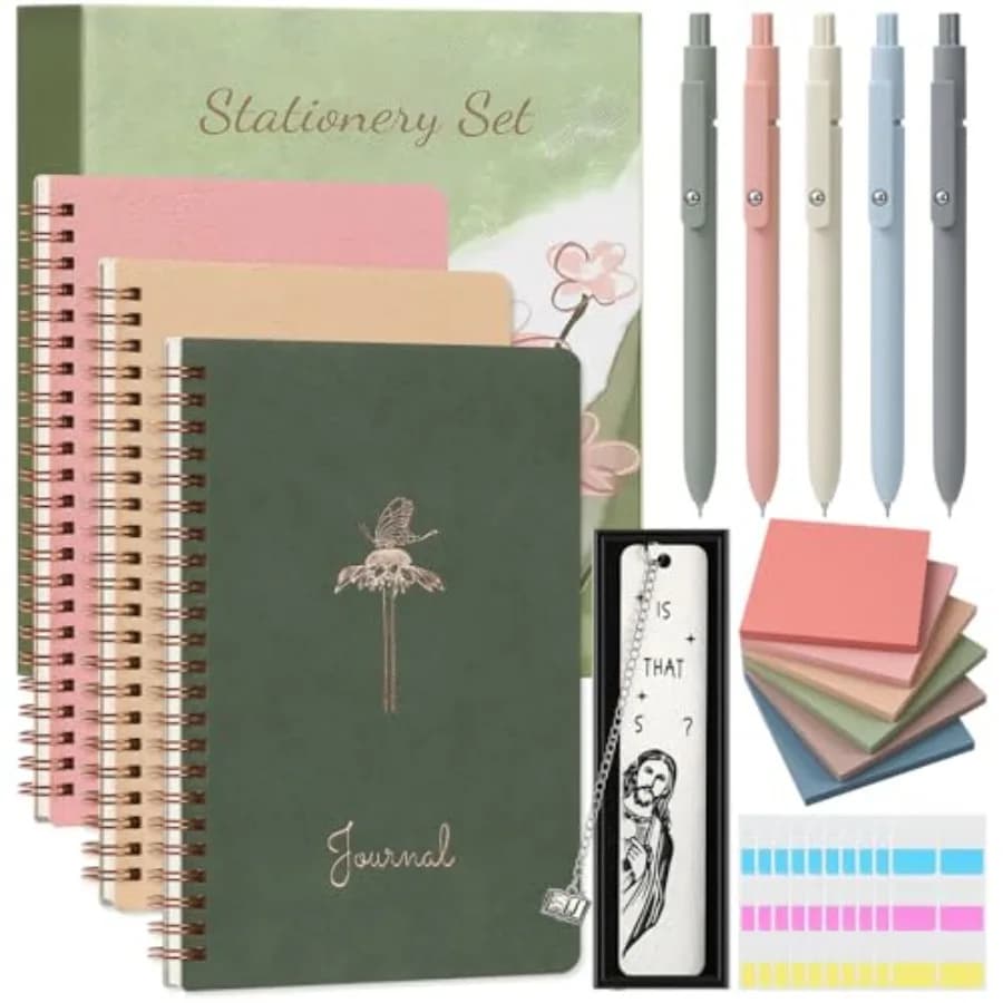 Stationery Set for Women, Journaling Kit, 3PCS A5 Spiral Notebooks, Gel Pens, Steel Bookmark, Sticky Notes and Tabs, Gift Box -