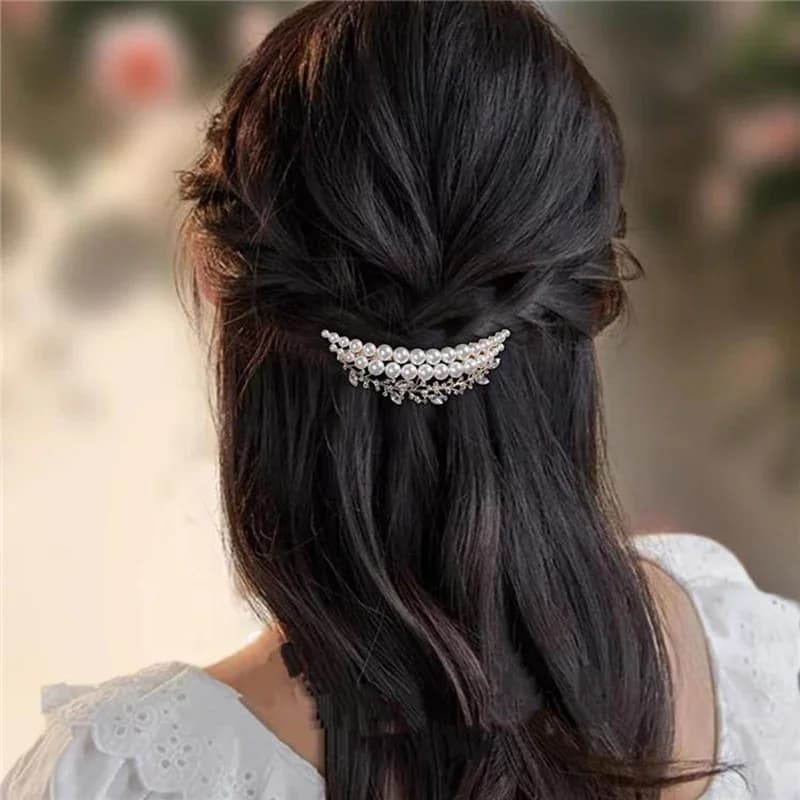 Fermaglio per capelli a mezzaluna con perle e cristalli in stile francese, per donna, per mezza acconciatura, accessorio elegante di alta gamma