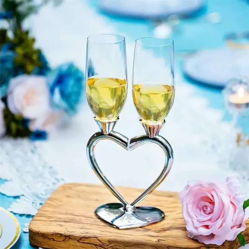 2pcs Wedding Champagne Flute Glass Cup Bride Groom Heart Shaped Silver Toasting Crystal Wine Glass Goblet Engagement Anniversary