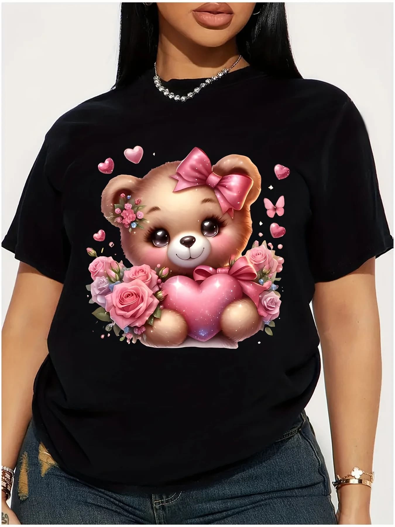 T-shirt a maniche corte rossa con design floreale per abiti casual, sportivi o festivi, graziosa maglietta da donna con grafica orsetto e cuori