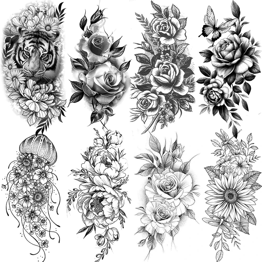 Realistic Black Rose Flower Temporary Tattoos False Tatoo Waterproof Body Art Braccio Floral Peony Bloosom Self-adhesive Makeup Tattoo
