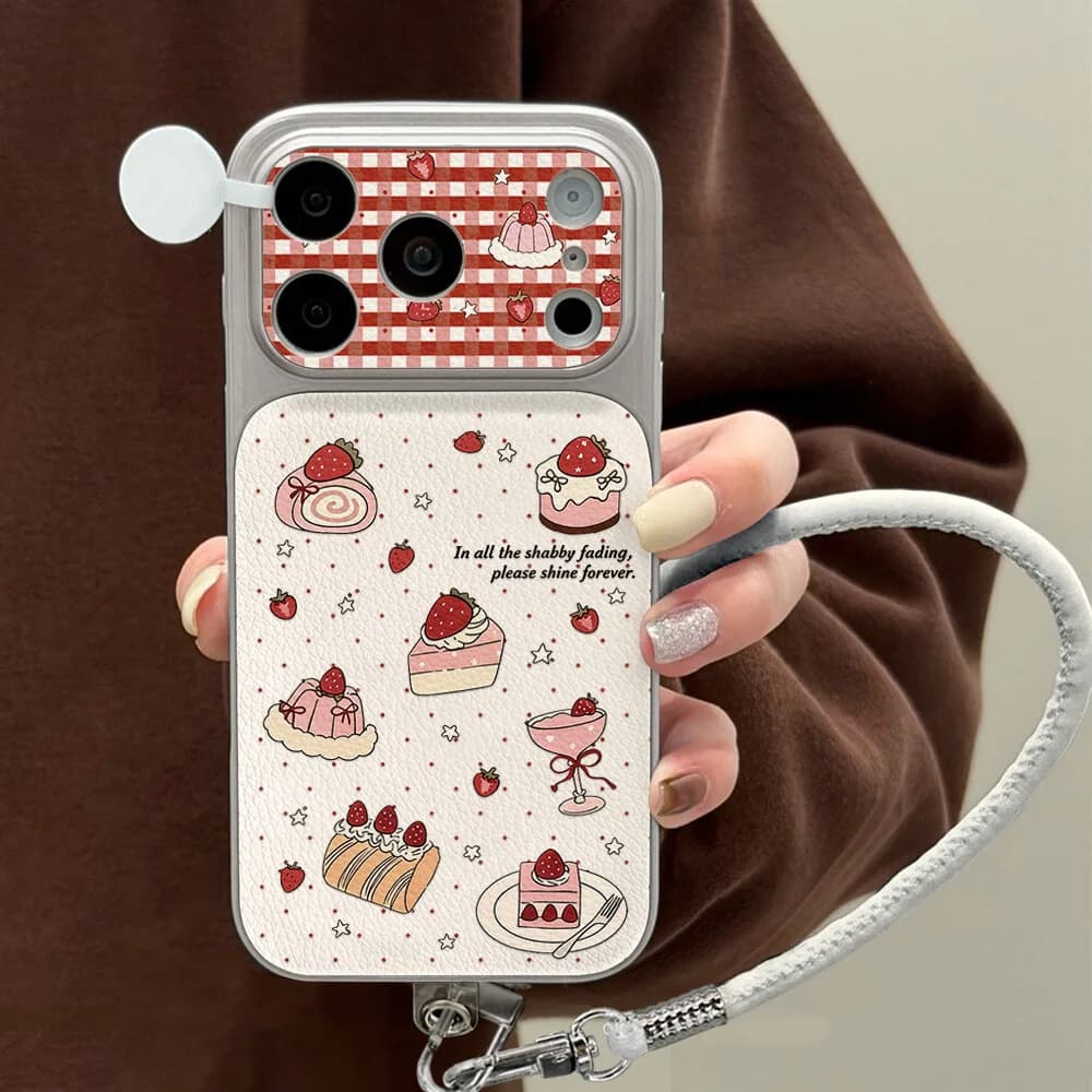 Custodia per telefono con motivo a stella e fragola, in pelle morbida antiurto con laccetto, per iPhone 17 Pro 16 15 13 Pro Max 12 11