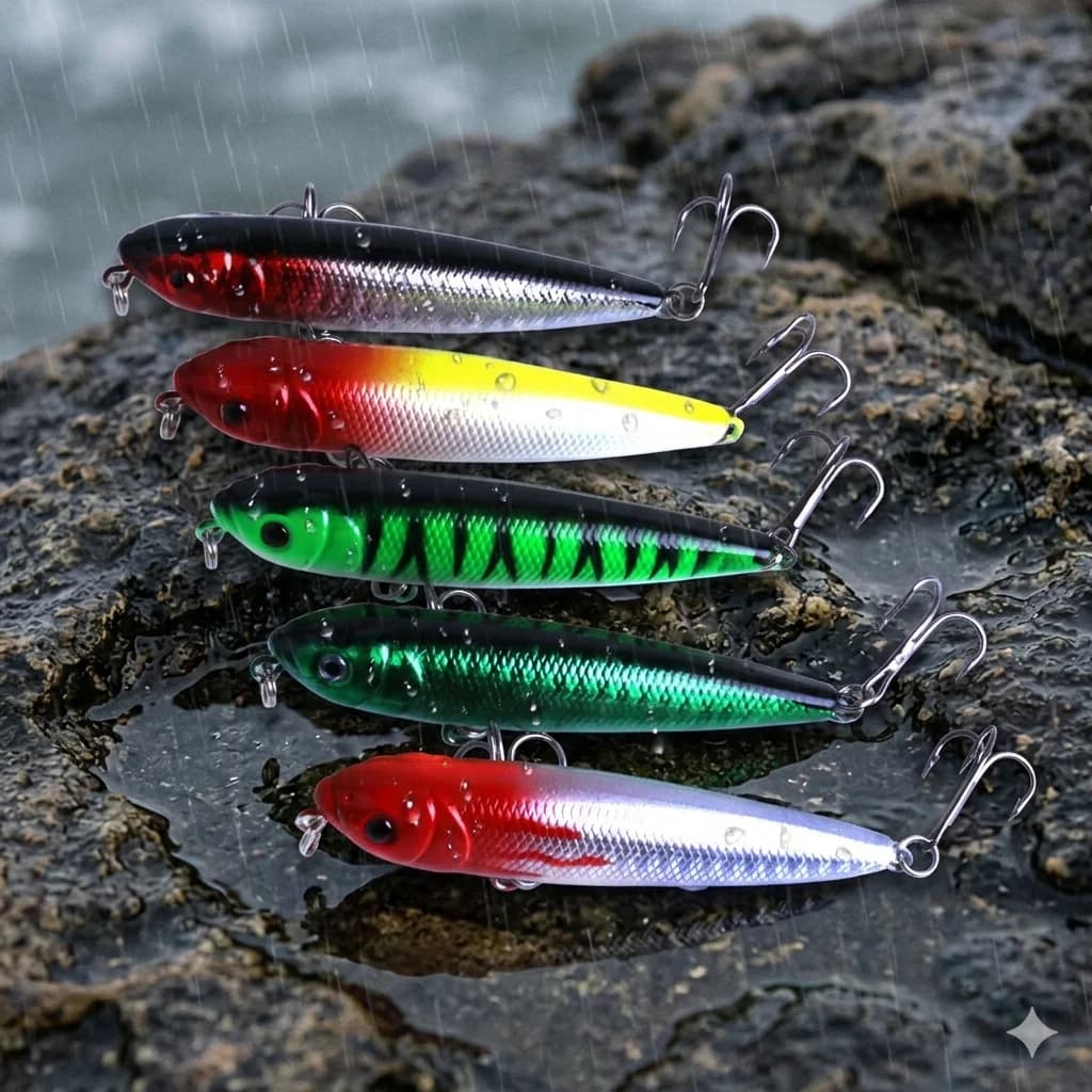 5 pz. 8 cm 9,1 g Esche Artificiali Galleggianti a Matita (Pencil Lure) Topwater con 6 Punte Affilate # Esche Artificiali Dure con Ganci per Bass, Persico e Luccio