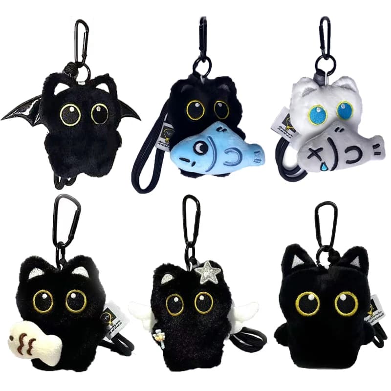 Nice plush keyring with black cat, cartoon kitten, pendant with soft piece doll, car key, backpack, bag decoration