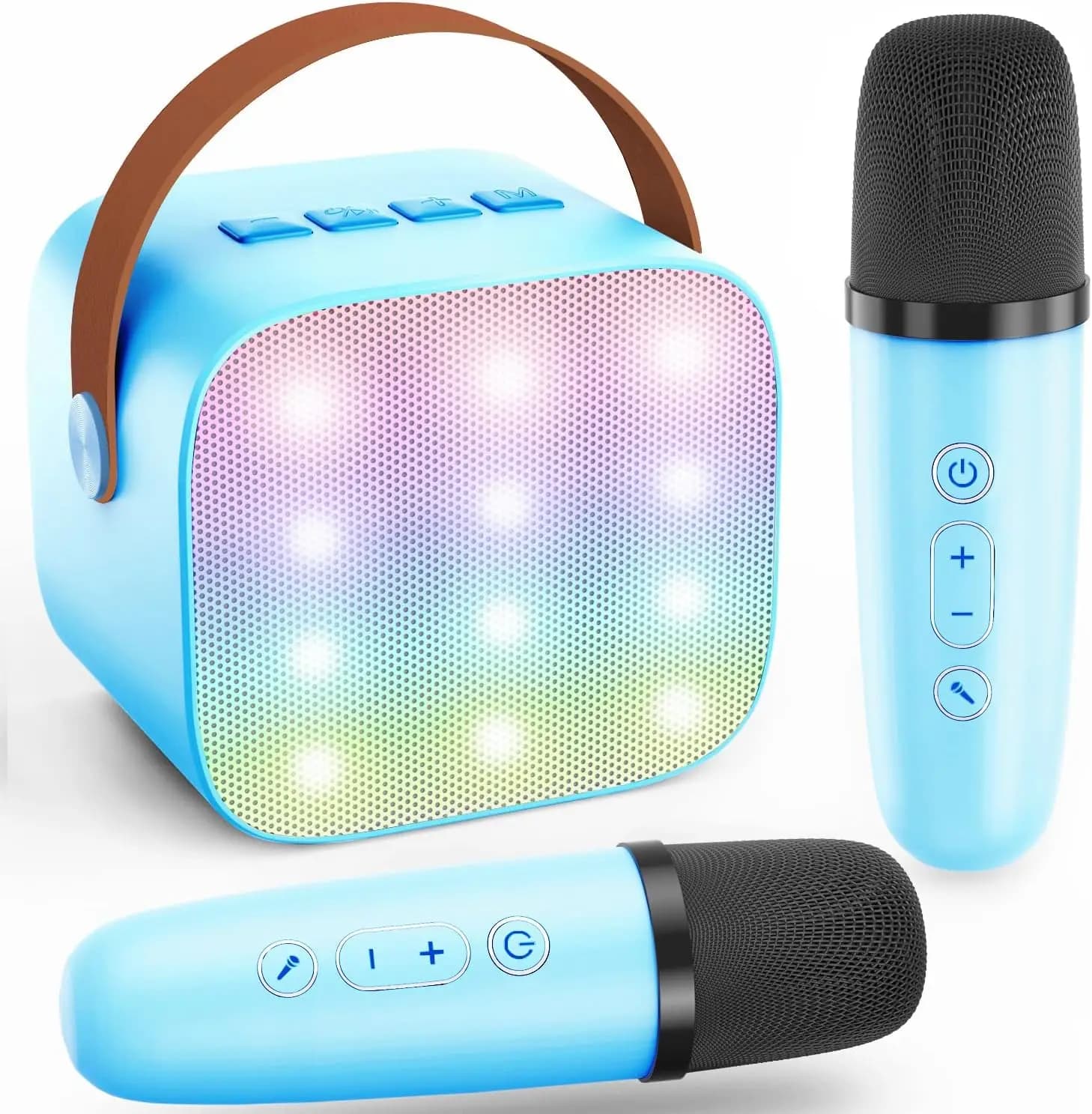Karaoke Laptop for Children with Bluetooth Speaker and 2 Wireless Microphones - Easter Gift and Birthday for Boys and Girls from 3 to 11 Years, Blue