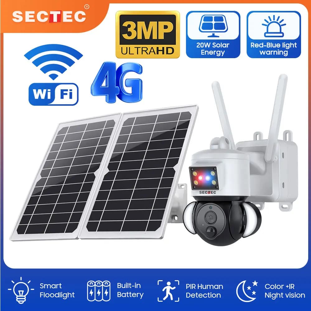 SECTEC 20W batteria solare rosso blu allarme proiettore PTZ telecamera esterna Wifi telecamera di sicurezza solare sorveglianza domestica 4G Sim Camera