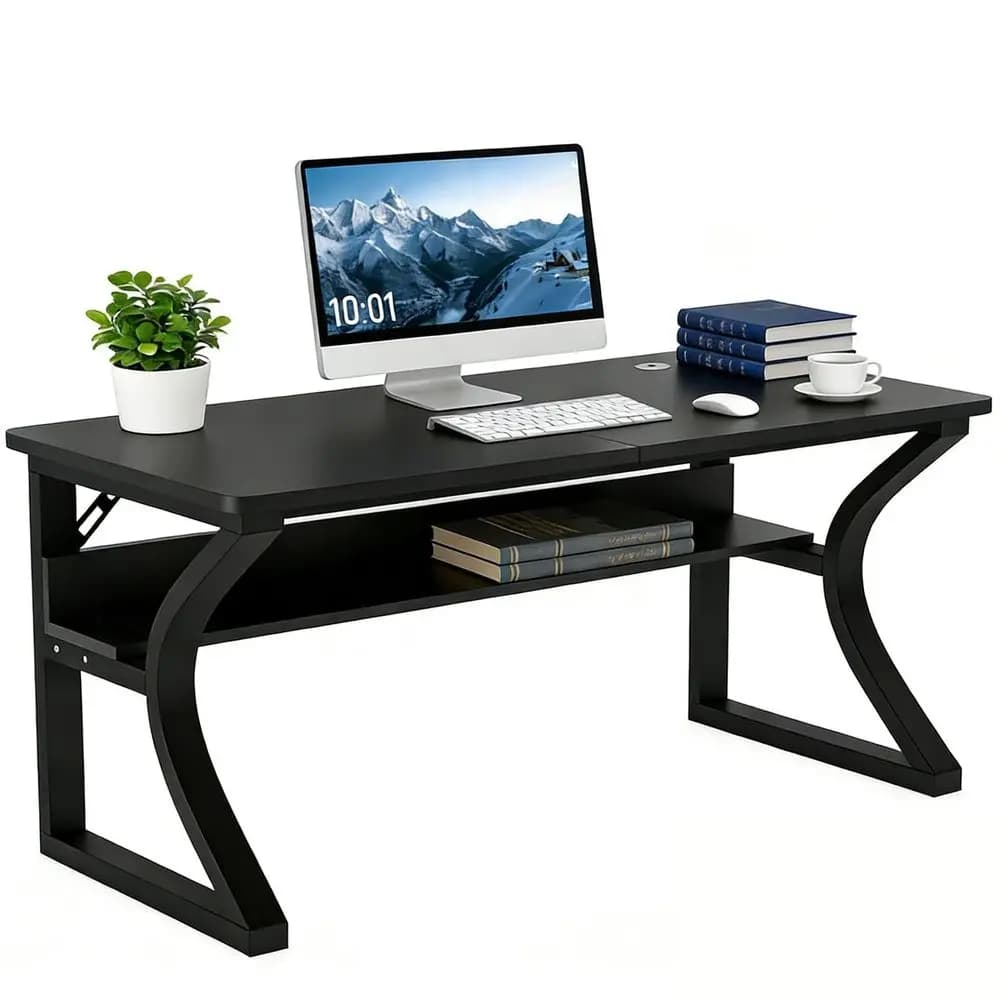 Scrivania per computer da pollici, scrivania per ufficio domestico con ripiano portaoggetti, tavolo da studio con struttura in metallo a forma di U robusta e gestione dei cavi, scrivania da gaming