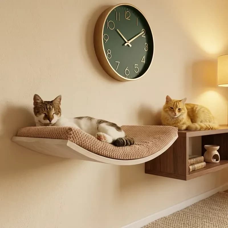 Modern Luxury Wall Mounted Wooden Cat Shelf Rustic Floating Perch Cozy Washable Cushion for Indoor Cats