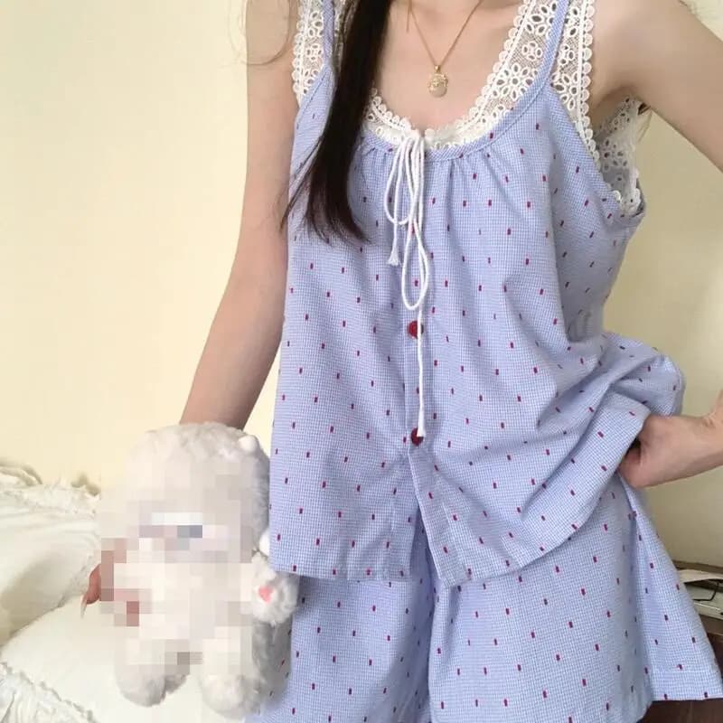 Comodo Set Estivo per Ragazze con Bordo in Pizzo, Canotta e Pantaloncini, Traspirante e Delicato sulla Pelle, Abbigliamento da Casa