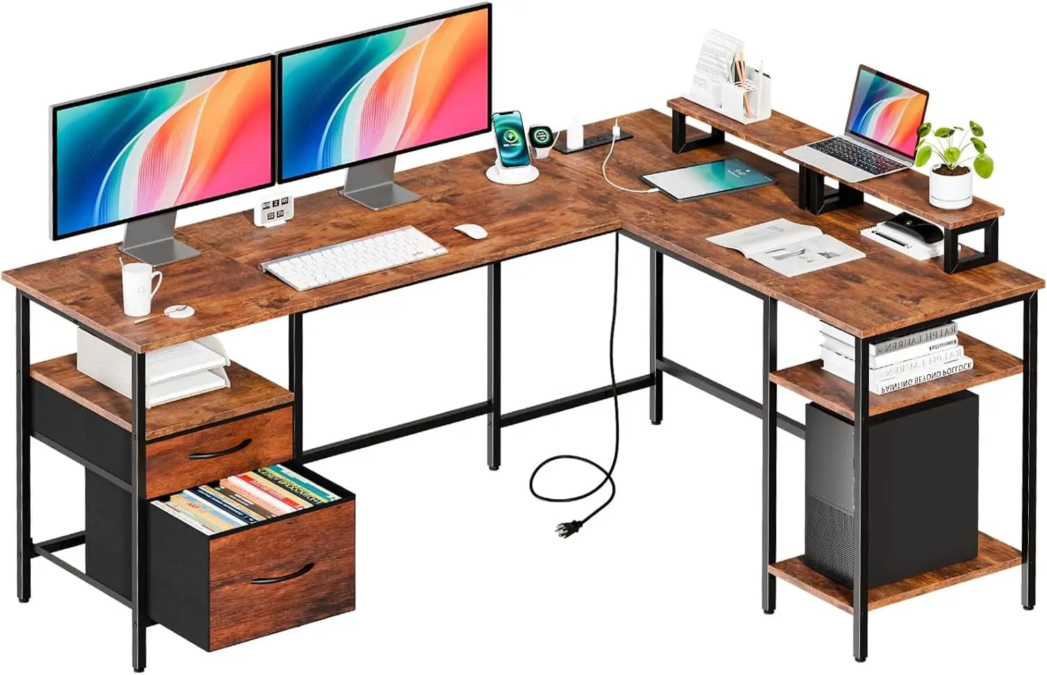 Scrivania da Gaming a L da 62 Pollici con Stazione di Ricarica e 2 Supporti per Monitor, Scrivania per Computer con Cassetto e Ripiani Regolabili, L