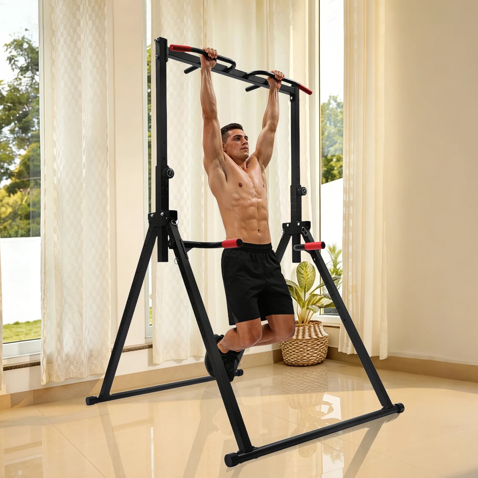 Barra per trazioni regolabile in altezza, attrezzatura fitness per casa e palestra, per allenamento di forza, dip, flessioni, addominali, autoportante