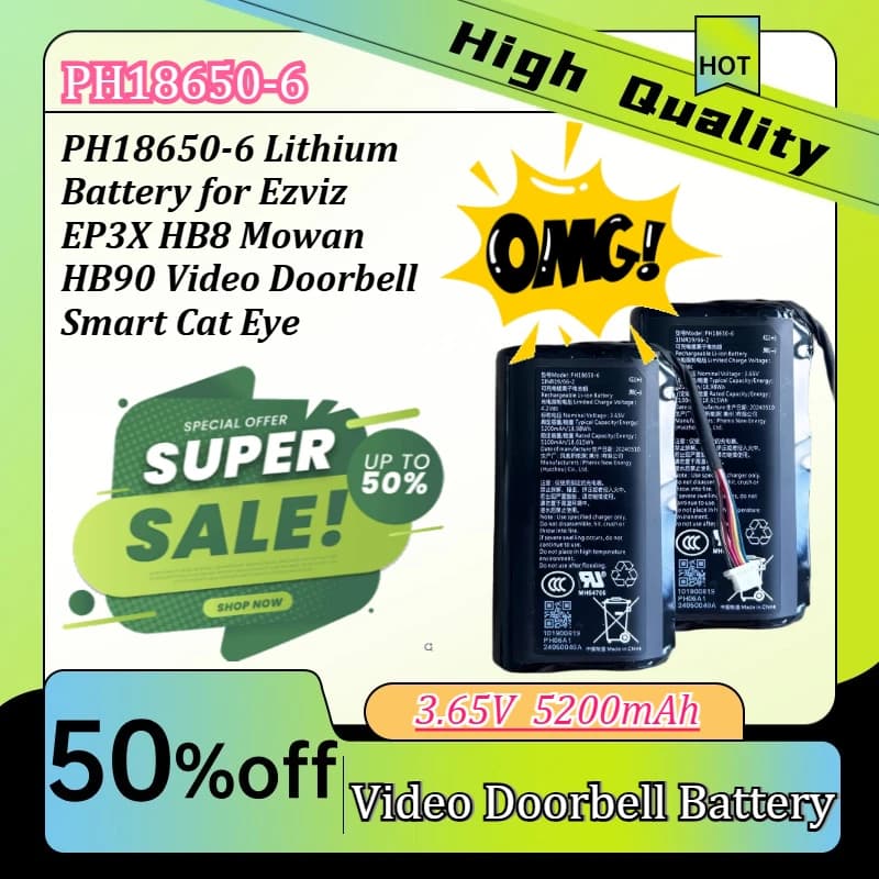 5200mAh PH18650-6 Lithium Battery for Ezviz EP3X HB8 Mowan HB90 Video Doorbell Smart Cat Eye