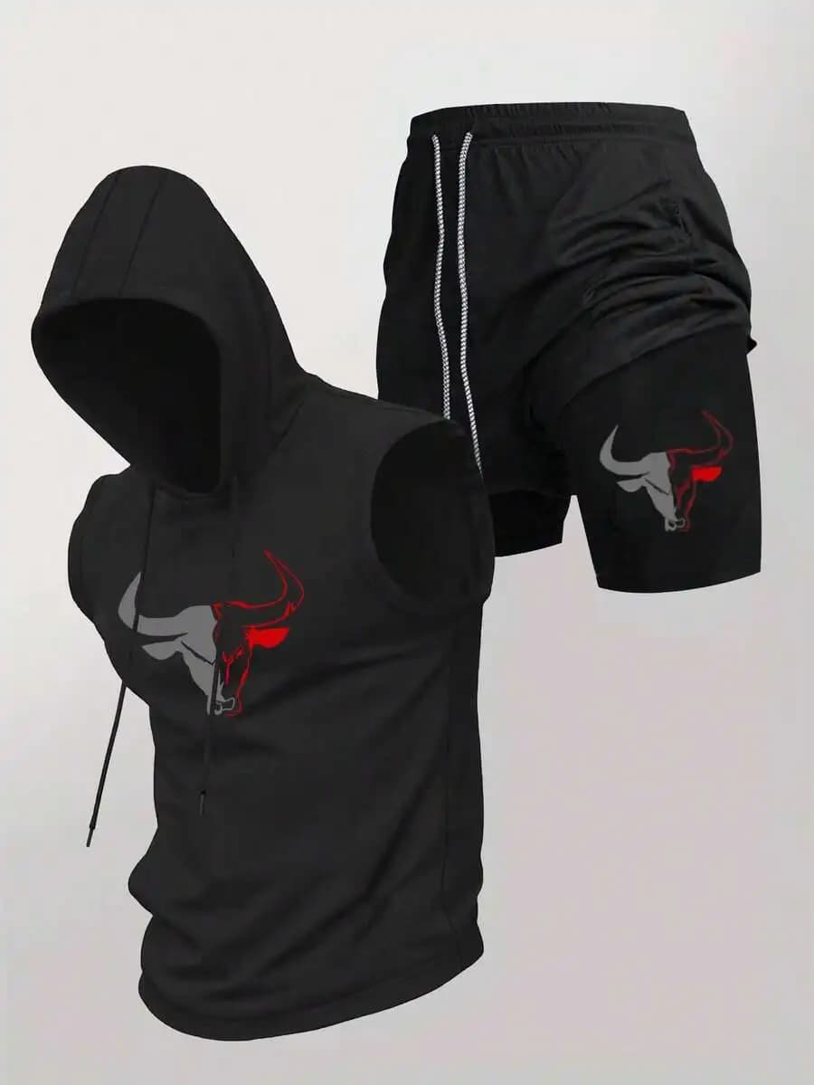 Set di pantaloncini sportivi da uomo senza maniche con cappuccio e coulisse in vita, per allenamento estivo in palestra e abbigliamento sportivo