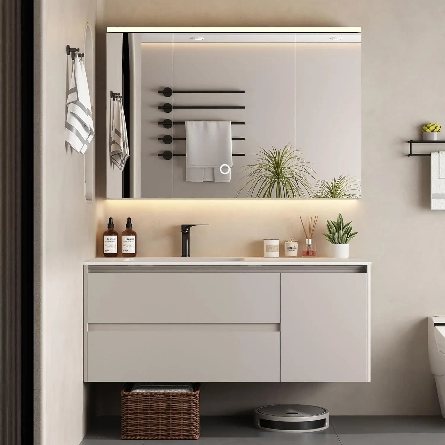 Specchio LED da Parete in Stile Rurale Moderno &c, Mobile Bagno con Lavabo in Ceramica e Piano in Legno, Lavandino Singolo per Uso Alberghiero