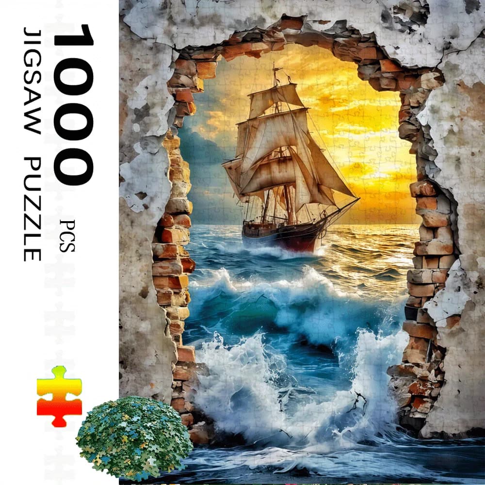 Un puzzle da 1000 pezzi progettato per adulti con una nave a vela sui mari tempestosi, elaborato da una parete di mattoni arrosto. I