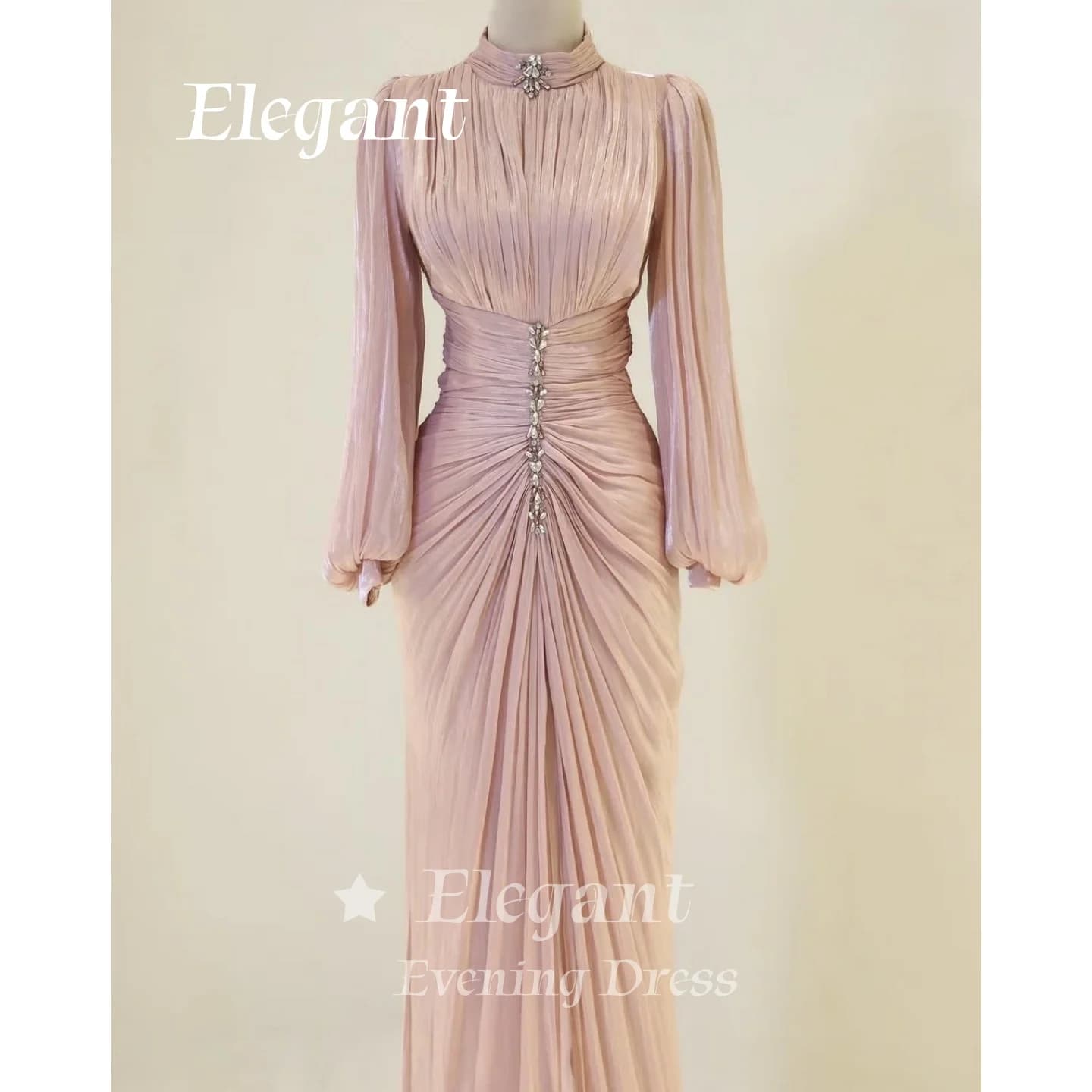 Modest Muslim Dusty Pink Women Formal Evening Gown High Neck Long Sleeve Sparkle Prom Dress Wedding Party Dresses Customized