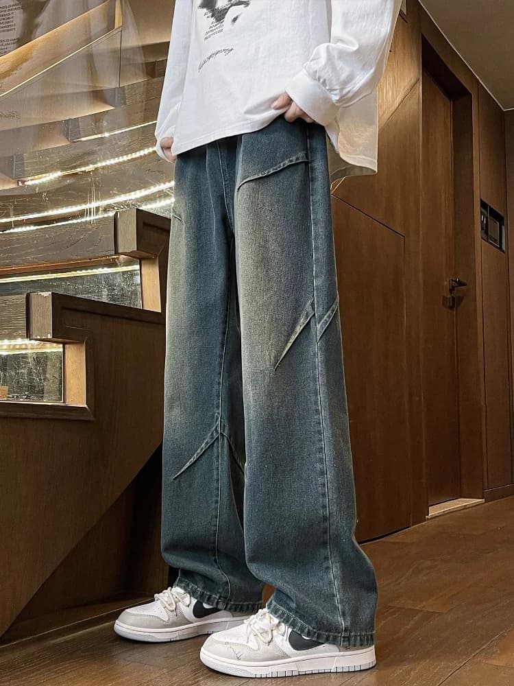 Men's Wide Leg Denim Jeans Spring Autumn American Retro Faded Straight Leg Pants Wrinkle Design Sensation Trendy Long Pants