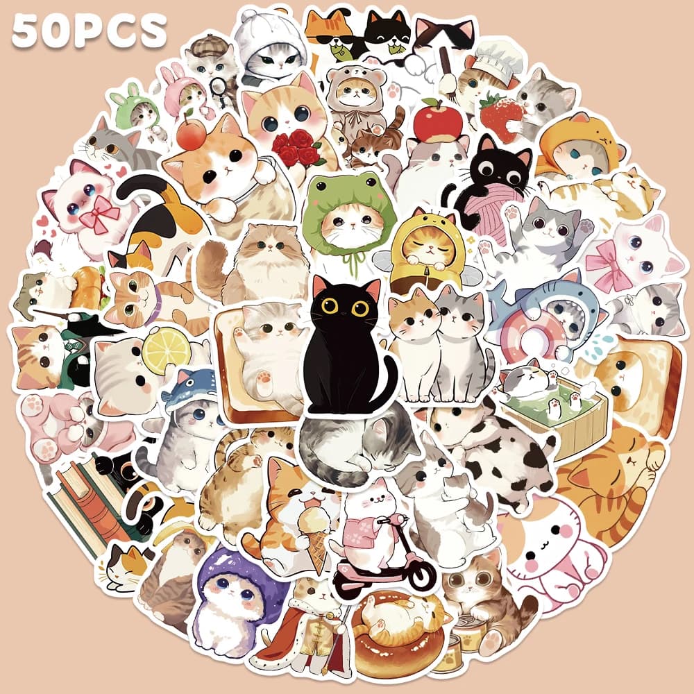 50pcs Cute Cats Stickers Cartoon Aesthetic Colorful Creative Trendy Decals Suitable For DIY Scrapbook Diary Sketchbook Stickers