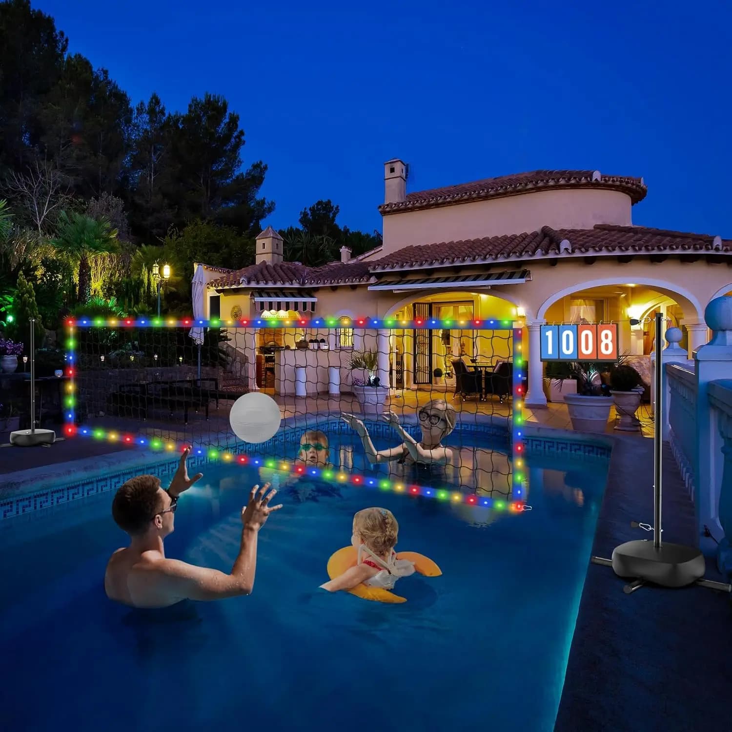 Rete da Pallavolo Regolabile per Piscina 15-32ft con Luci LED, Tabellone Segnapunti e 2 Palloni