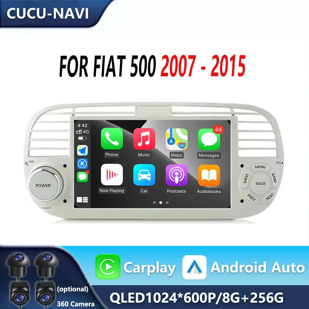 7 pollici Android Auto Per FIAT 500 2007 - 2015 Carplay Autoradio Stereo Lettore Multimediale di Navigazione GPS 360 Macchina Fotografica 4G Wifi BT DSP
