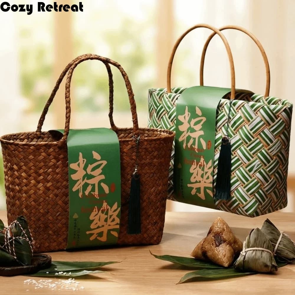 Bamboo Zongzi Packaging Box Handheld Chinese Style Handwoven Storage Basket Eco-friendly Shopping Bag Mid Autumn Festival