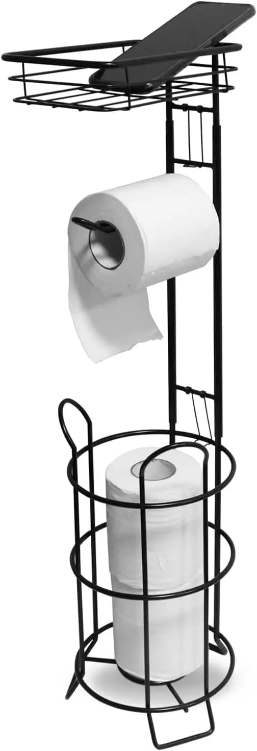 Portarotolo per Carta Igienica Nero con Base Rialzata e Ripiano Superiore, Dispenser per Rotoli di Carta da Bagno con Funzione di Stoccaggio
