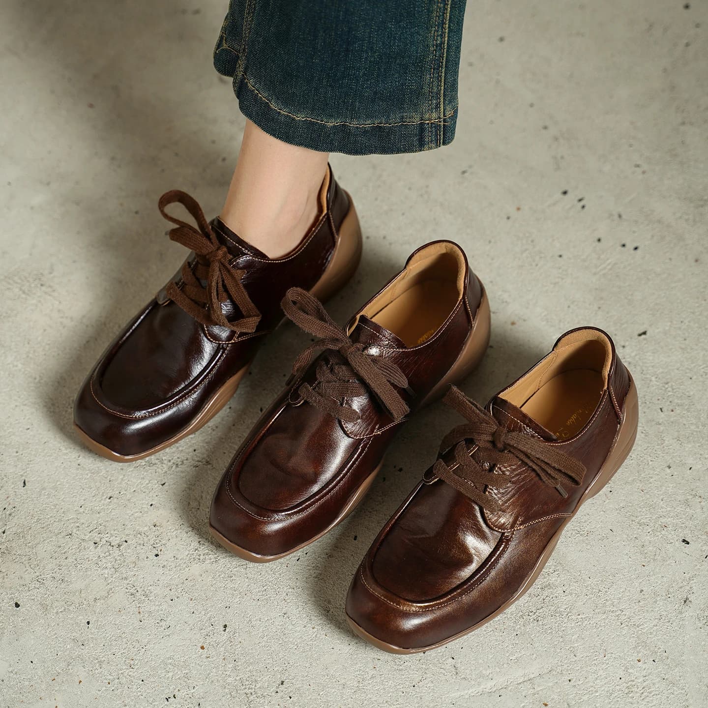 2026 new spring autumn women pumps natural leather 22-25cm brushed color cowhide lace-up loafers wedges women shoes fashion