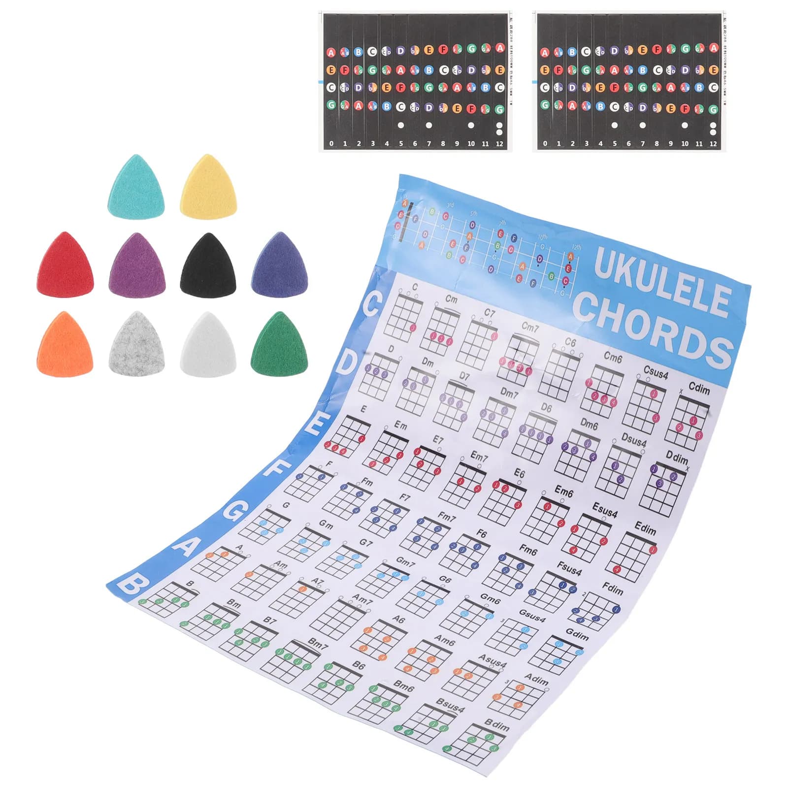 Set di Strumenti per l'Apprendimento degli Accordi per Ukulele, Adesivi Colorati per Tastiera, Decalcomanie per Note, Plettri, Strumenti di Pratica per Principianti